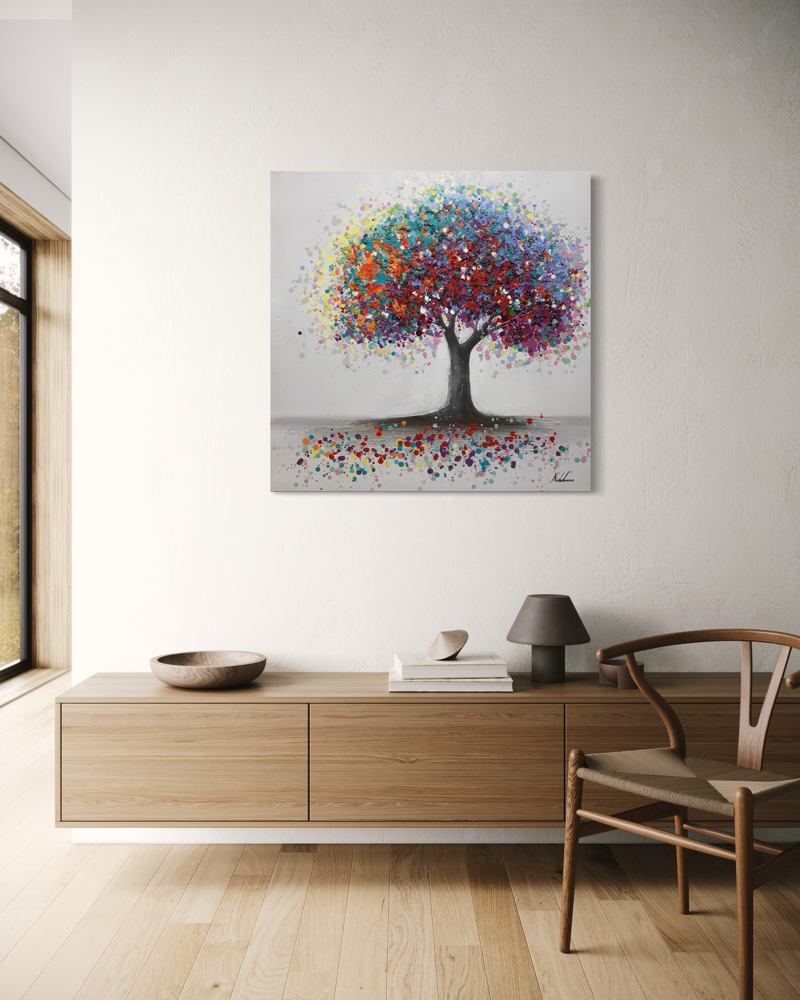 A painting with a colorful tree