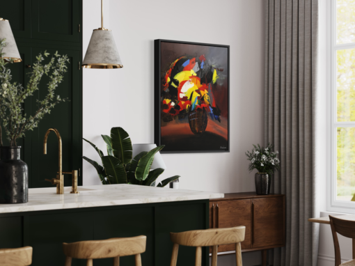 A painting with a flower vase