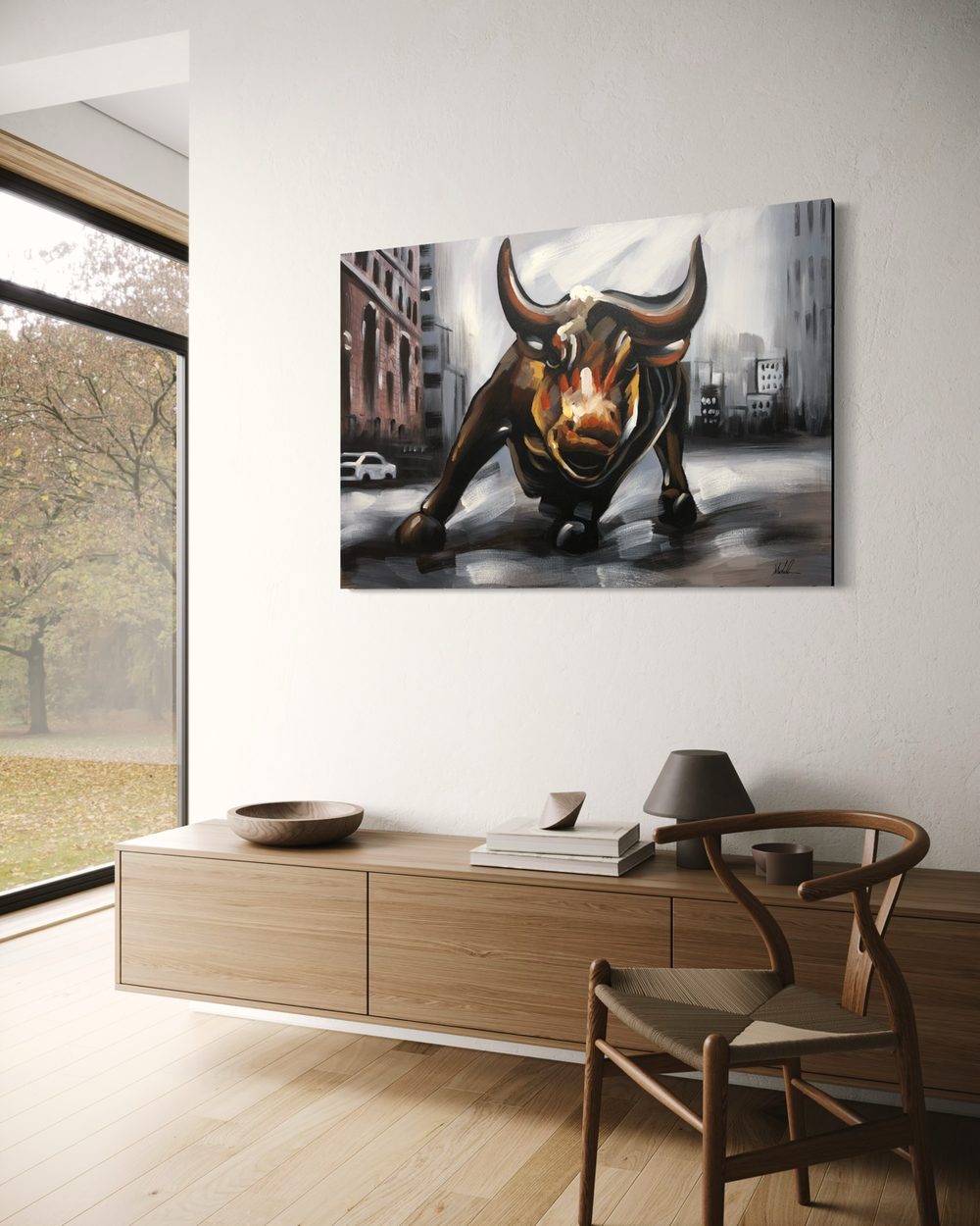 A painting with a bull