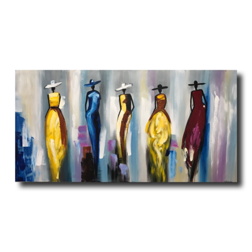 A painting with women in colorful dresses