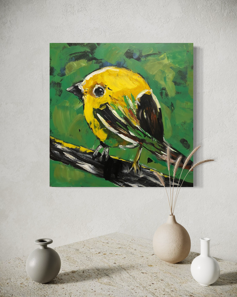 A painting with a yellow bird