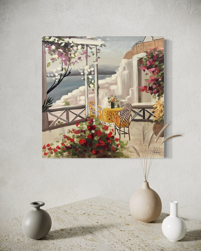A painting of a table with a view