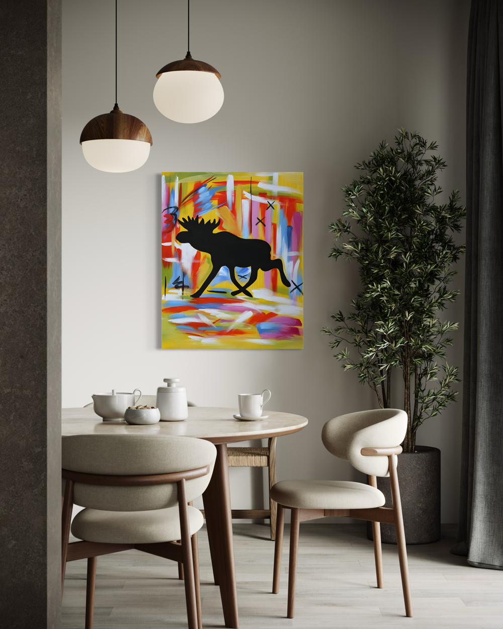 A painting with a moose