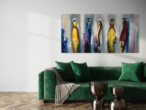 A painting with women in colorful dresses