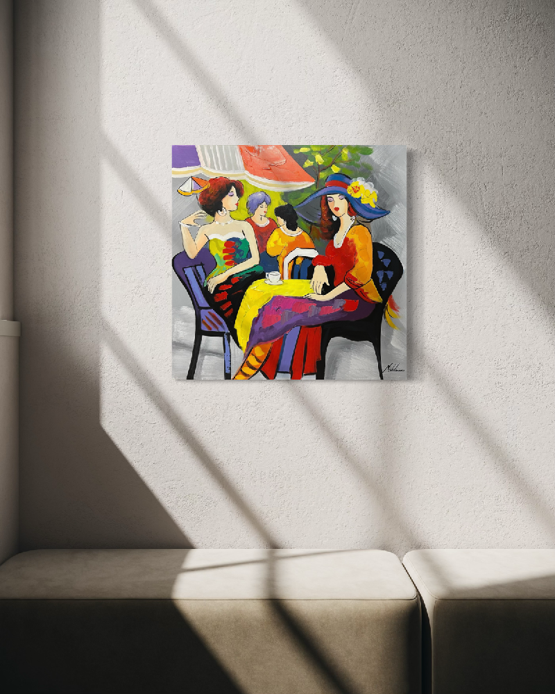 A painting of women discussing