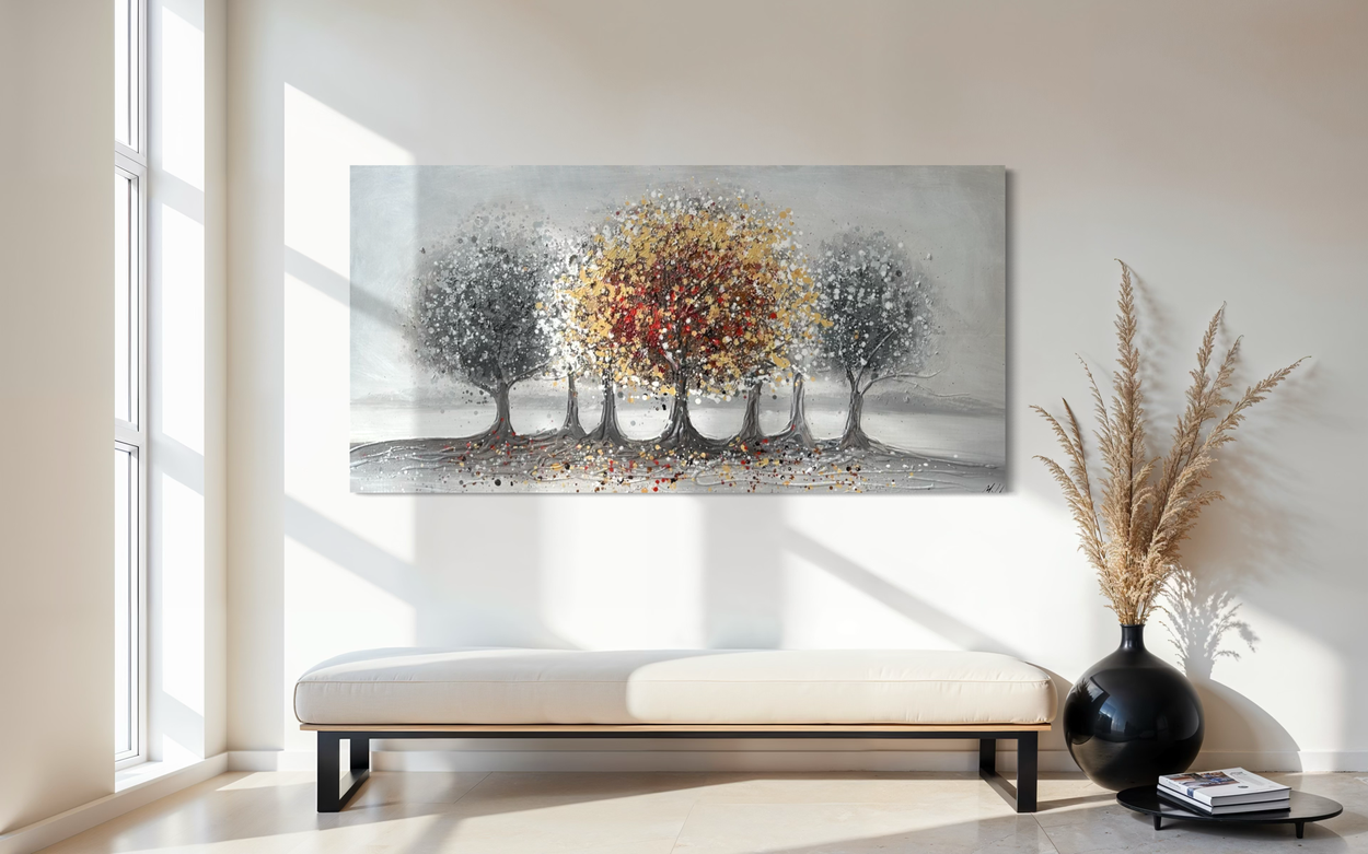 A painting with a tree in earthy colors