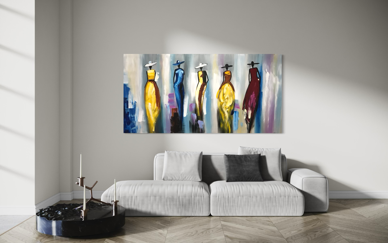A painting with women in colorful dresses