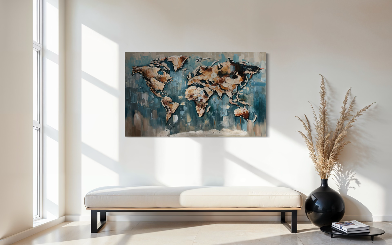 A painting with a world map