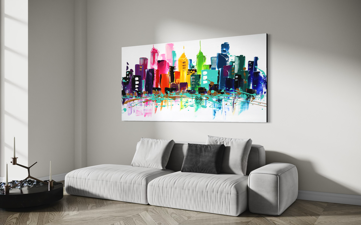 A painting with a colorful skyline