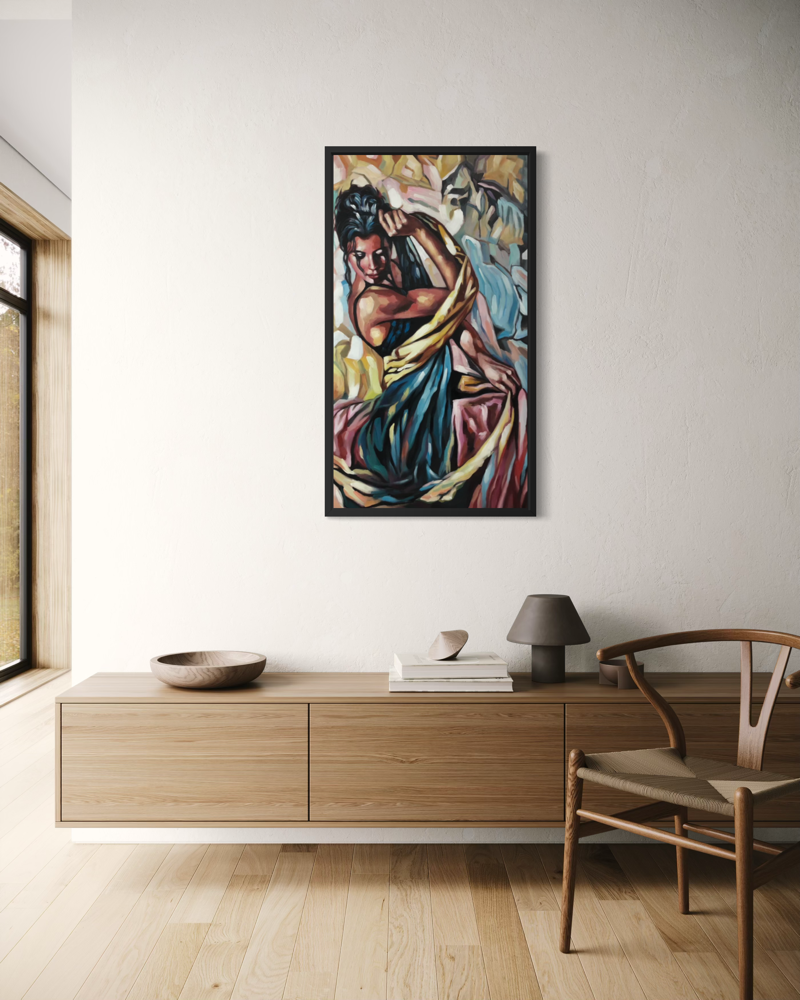 A painting with a woman