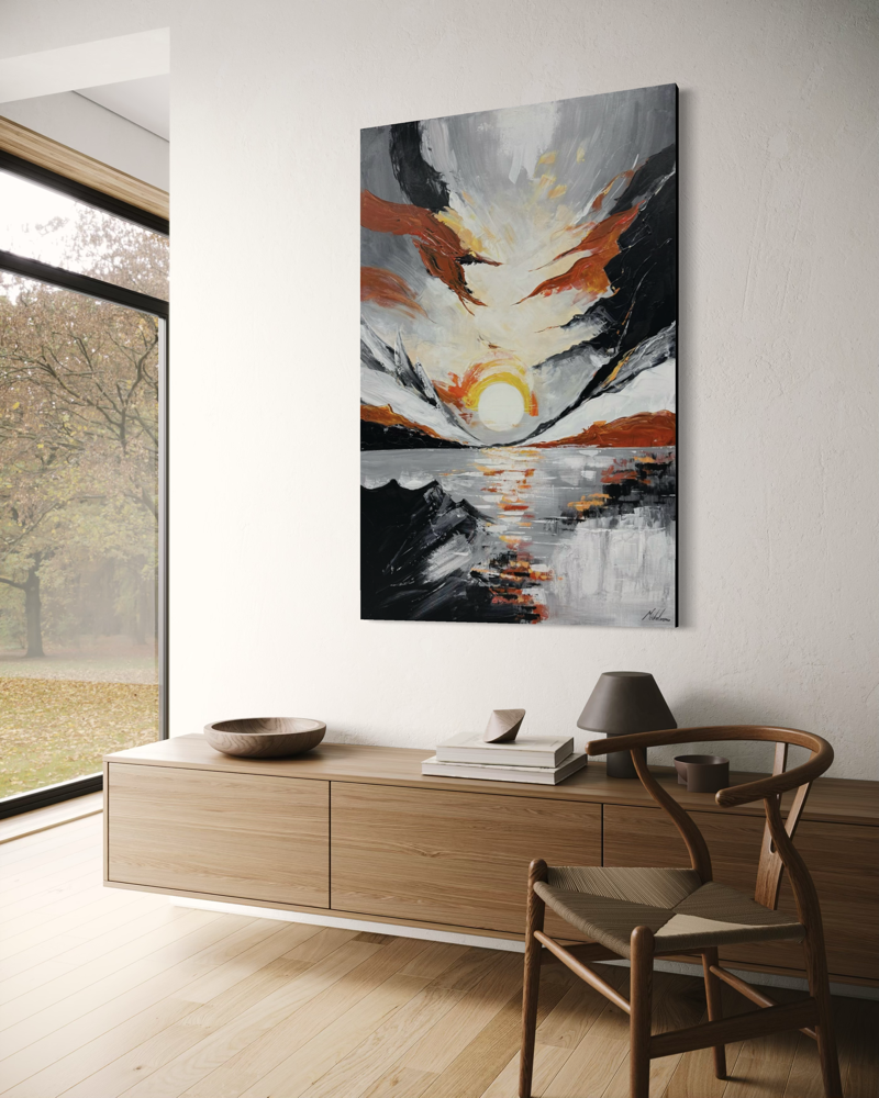 An abstract painting in earthy tones inspired by the warm light and tranquil atmosphere of a sunset