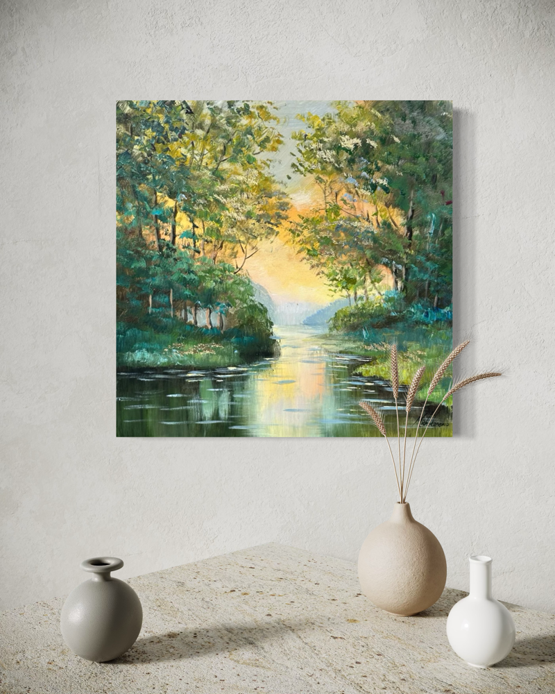 A painting with a beautiful landscape