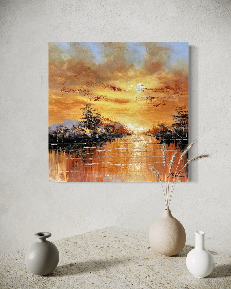 A painting with a sunset