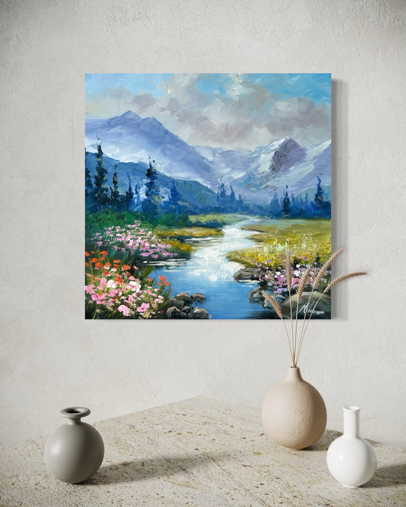 A painting with a beautiful mountain landscape