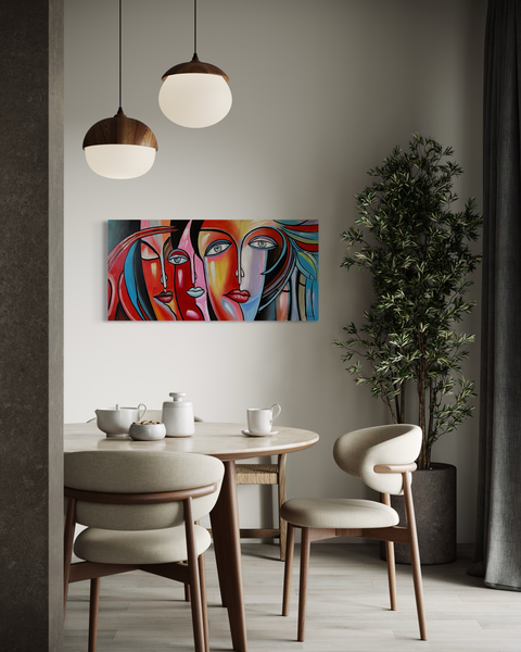 A painting with faces