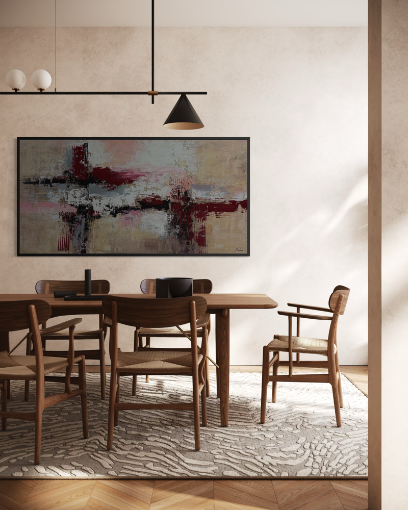 A large abstract painting in elegant Bordeaux tones, featuring depth, texture, and a sophisticated atmosphere.