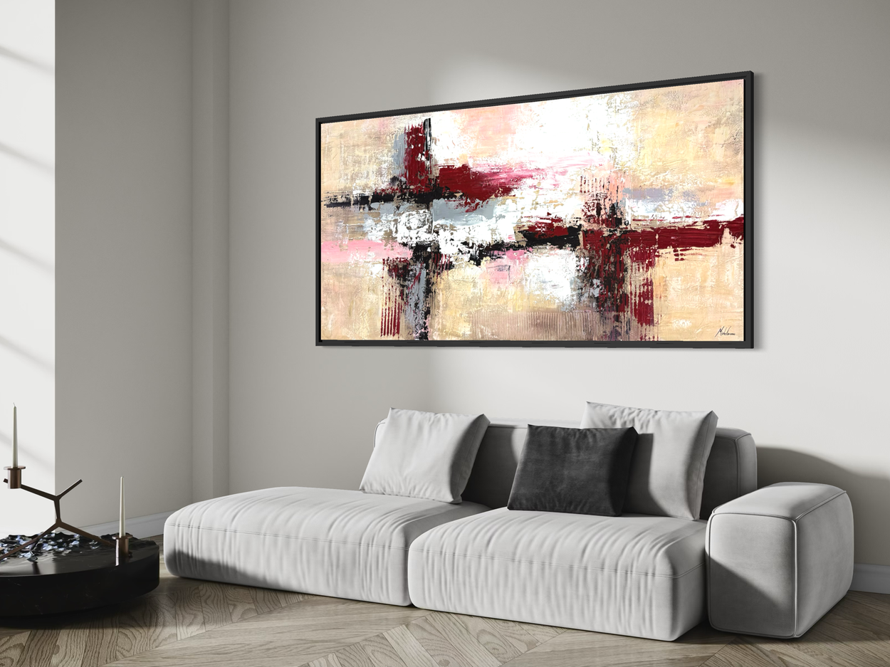 An abstract painting in beige and wine red tones