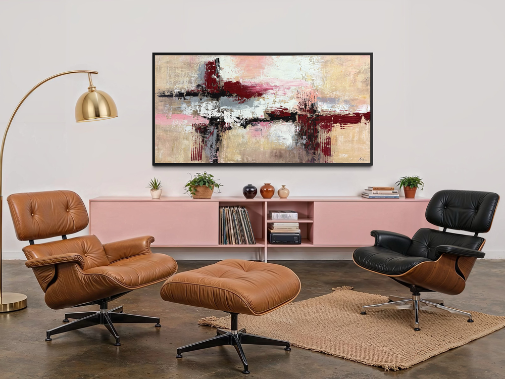 an abstract painting in beige and burgundy
