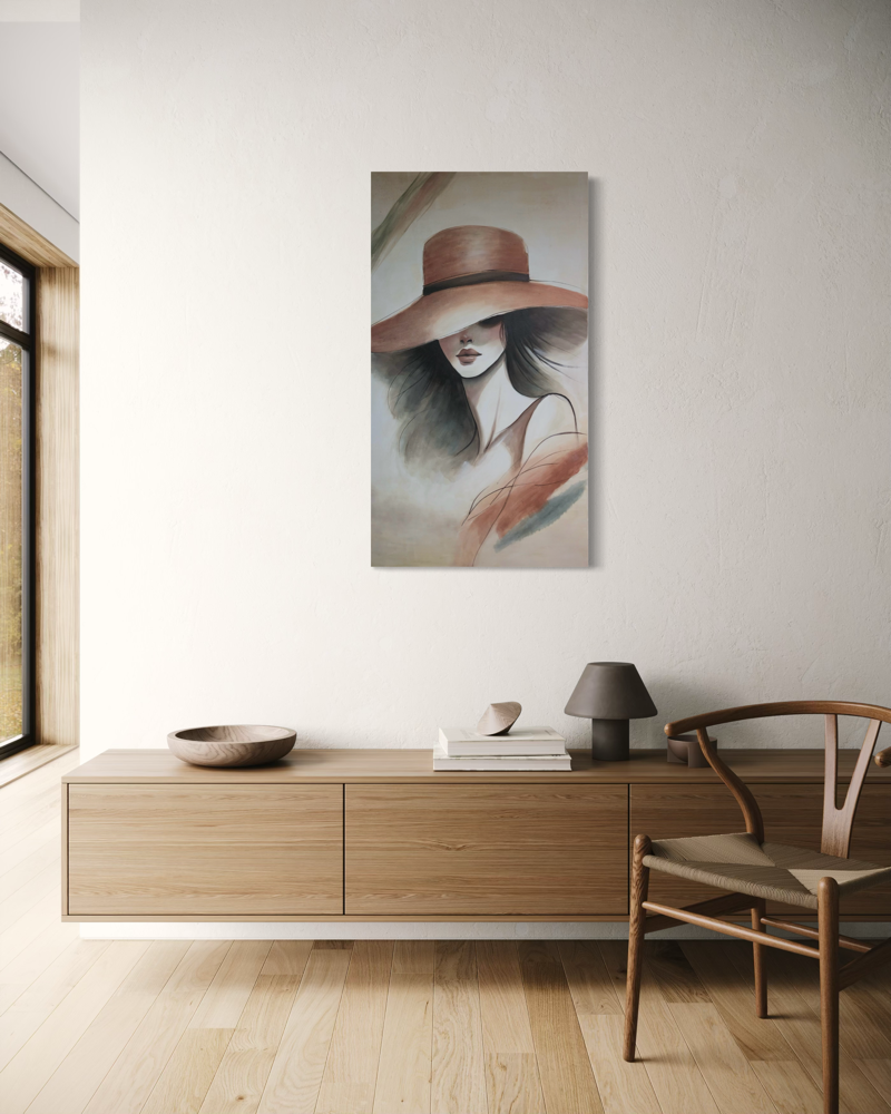A painting with a woman.