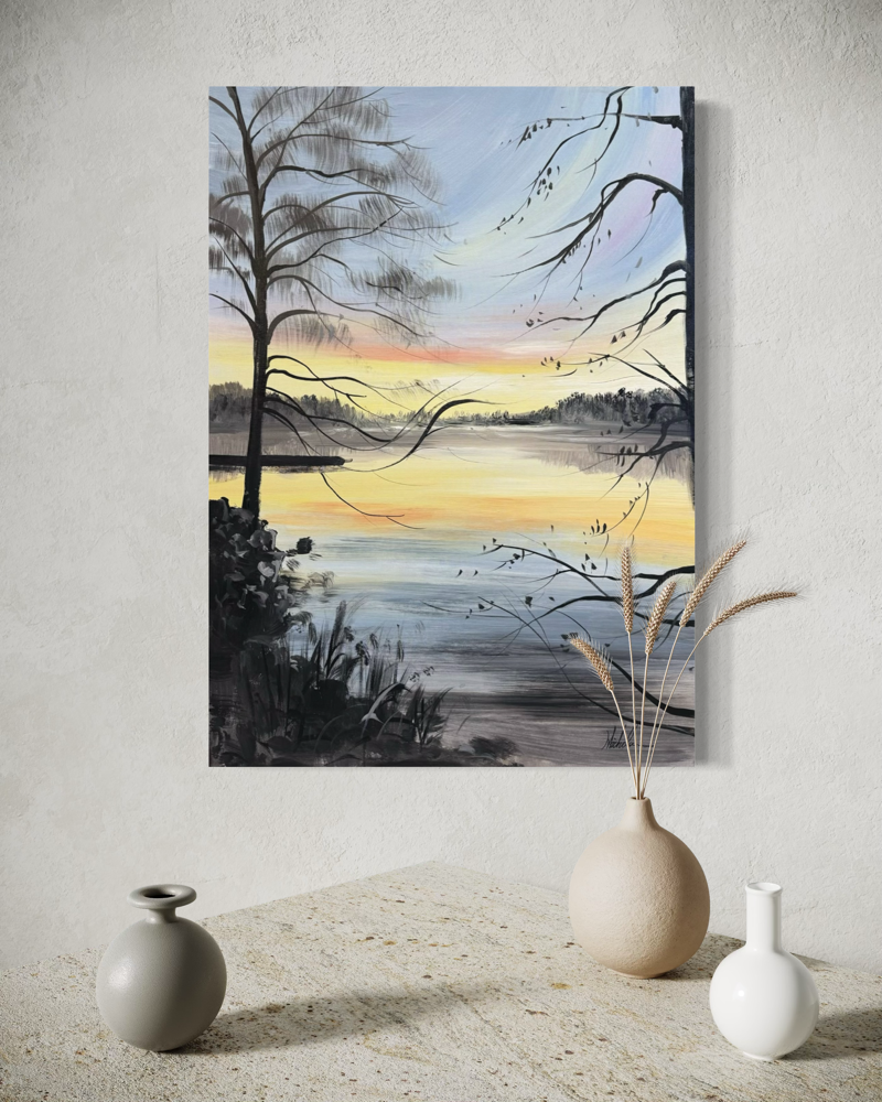 A painting of a beautiful landscape at dusk.