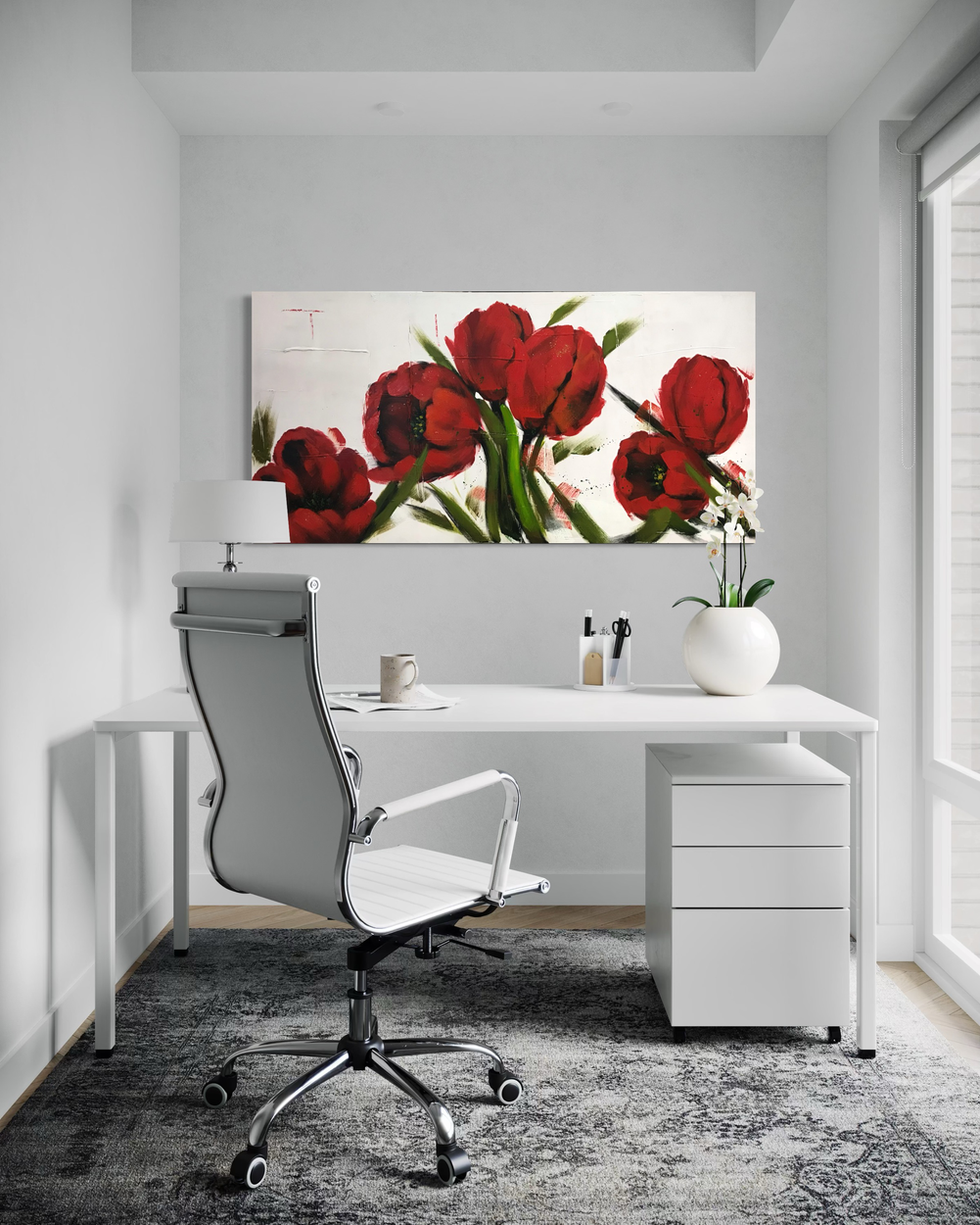 A painting with red flowers