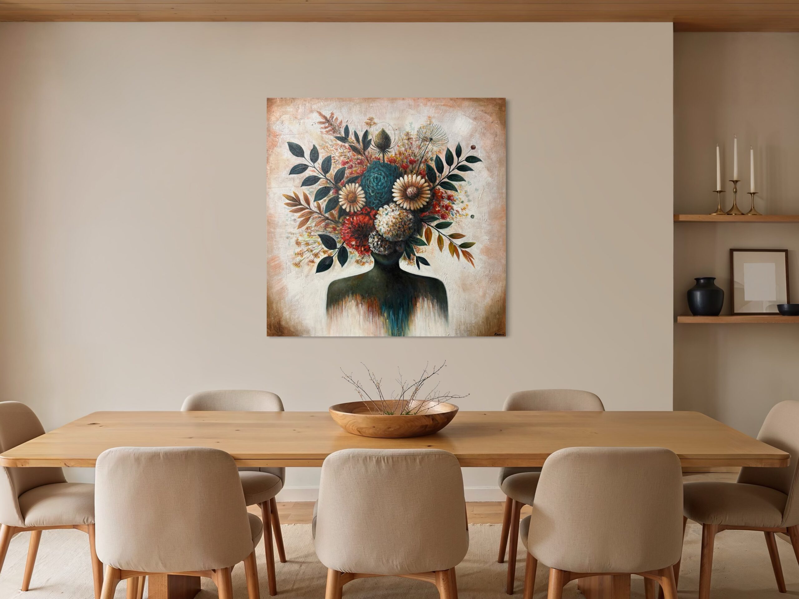 A hand-painted artwork by Michelanemo uniting humanity and nature – silhouette with floral expression in earthy tones.