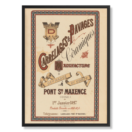 Defrance et Cie – Carrelages & Pavages Céramiques, 50×70 cm, canvas in black floating frame (Belle Époque – industrial poster art)