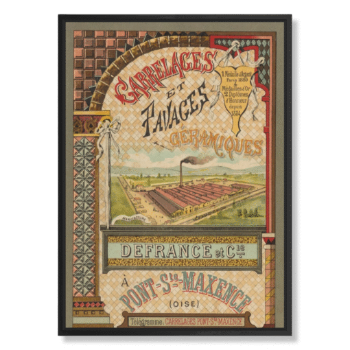 Defrance et Cie – Carrelages & Pavages Céramiques, 50×70 cm, canvas in black floating frame (Belle Époque – industrial poster art)