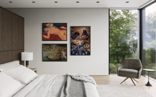 Timeless Masterpieces – Divine & Desire: three canvas works in black floating frames uniting the divine, the mythological, and the sensual