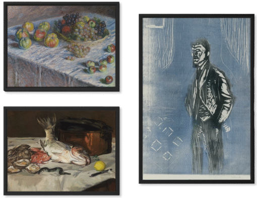 Night, Fruit & Sea: three canvases in black float frames in a kitchen interior
