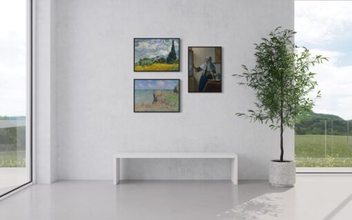 Light & Movement – Canvas Collection: three canvases in black float frames in a passage area