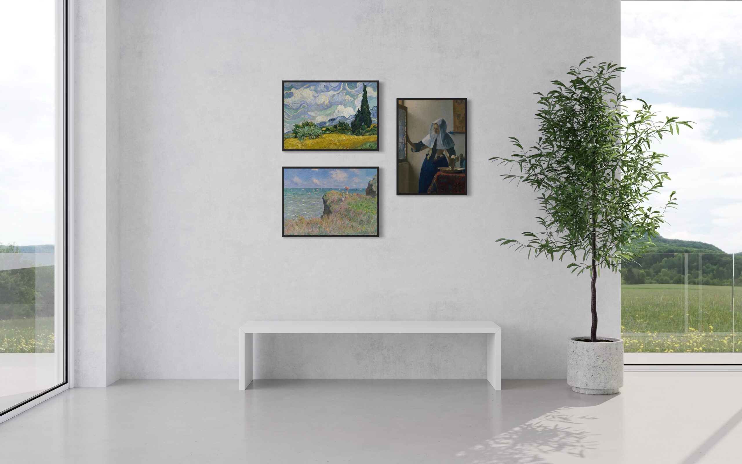 Light & Movement – Canvas Collection: three canvases in black float frames in a passage area
