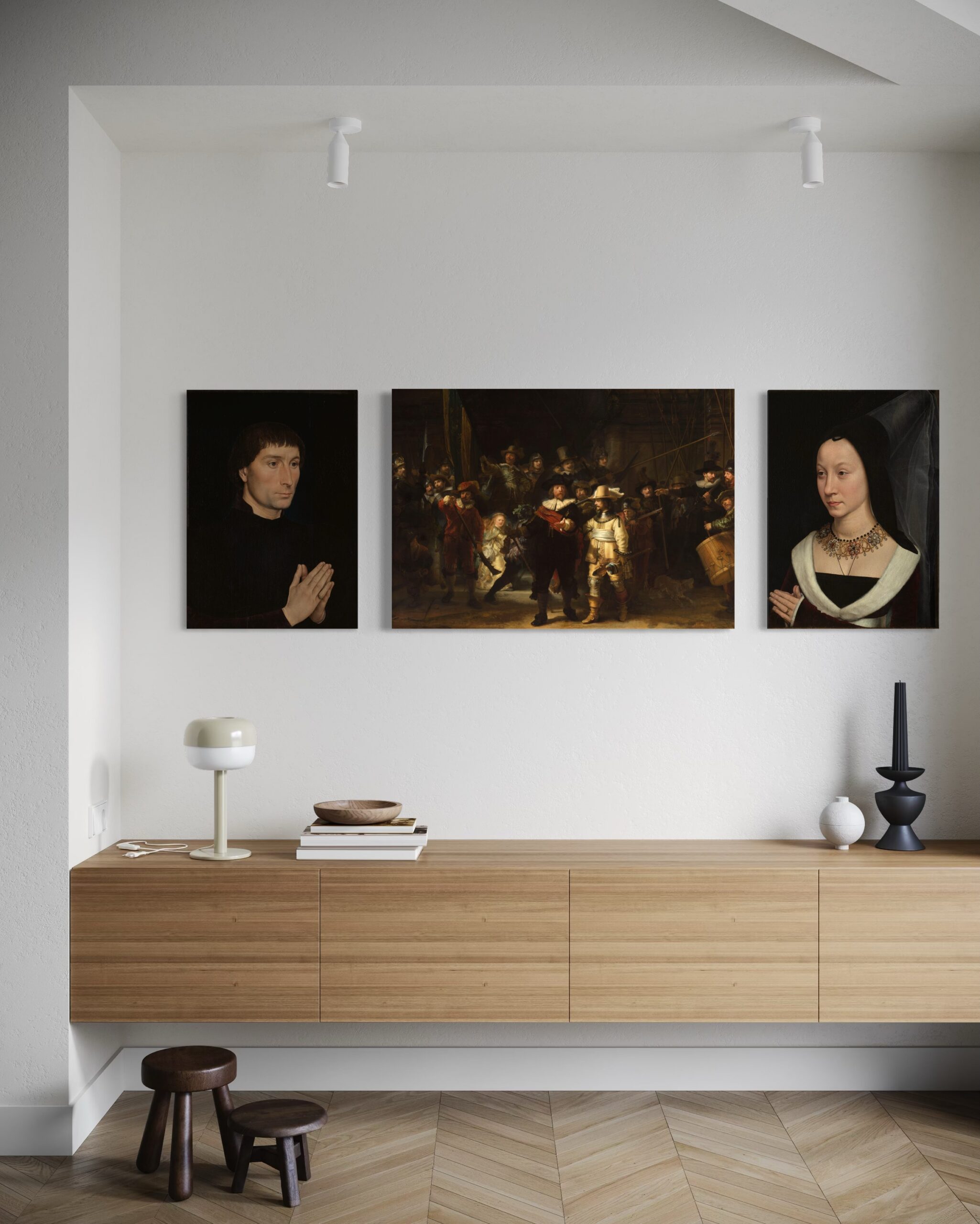 Masters of Light & Legacy – triptych display without floating frame in modern interior