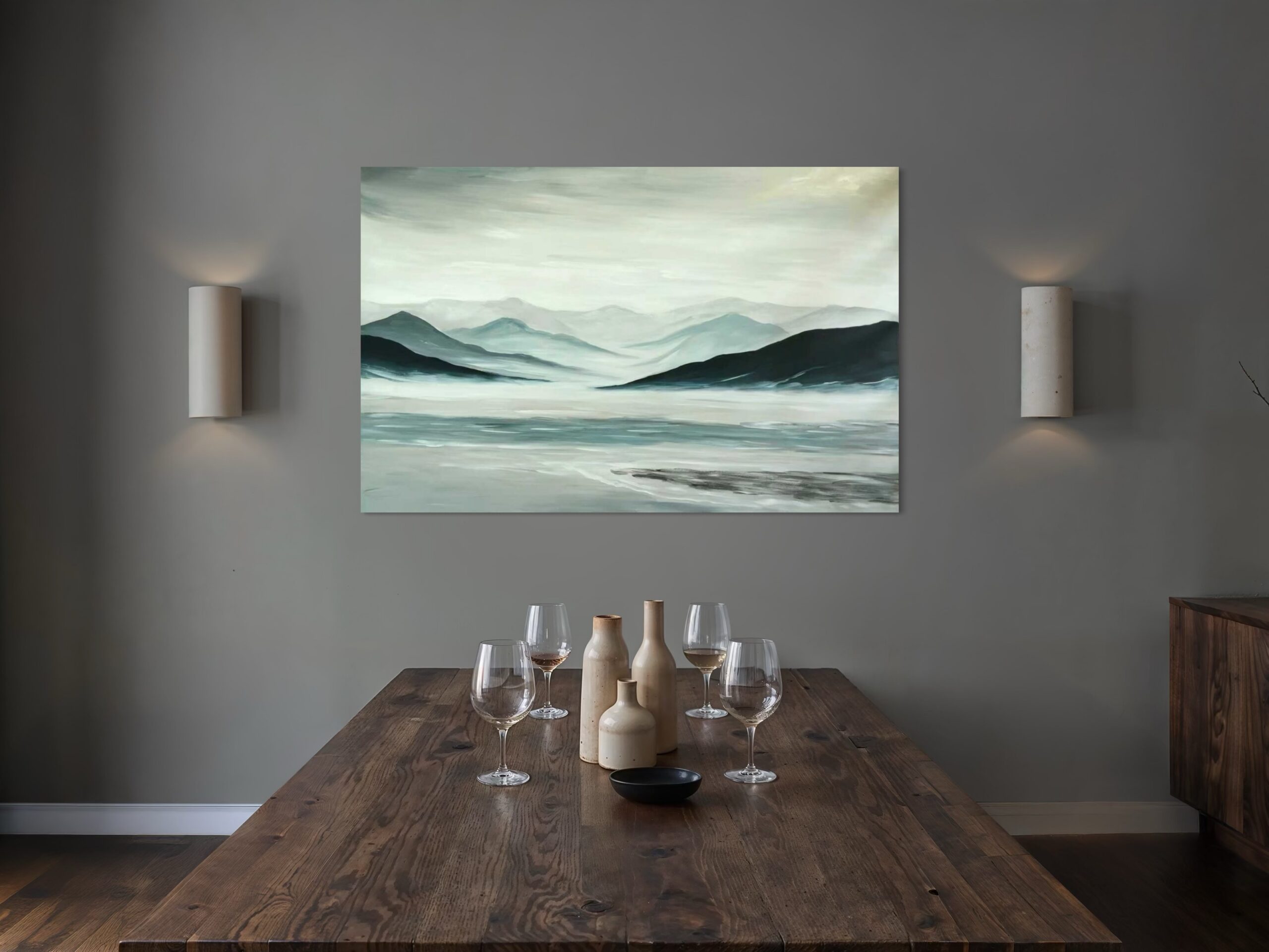 A hand-painted artwork by Michelanemo capturing Nordic nature and serenity – soft tones of blue, grey, and white in perfect balance.