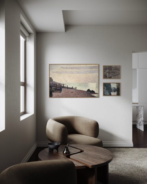 The Blue Horizon – triptych display with floating oak frames in modern interior