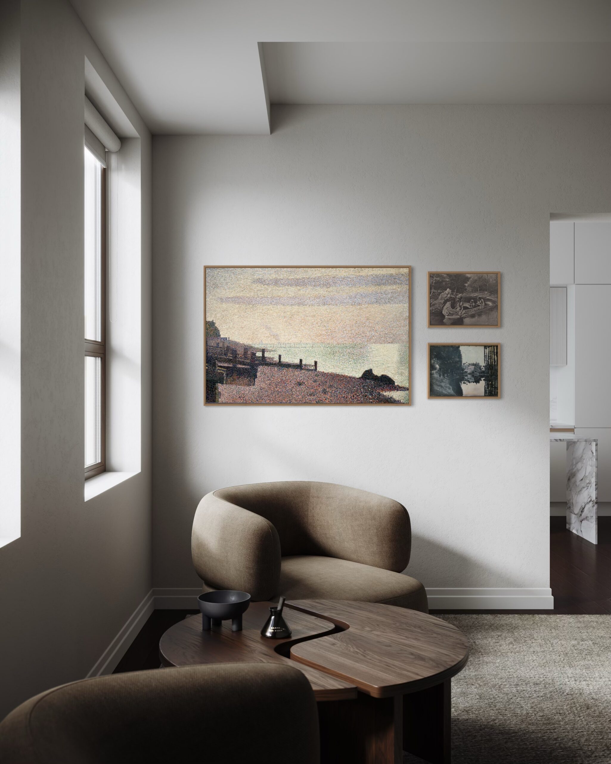 The Blue Horizon – triptych display with floating oak frames in modern interior