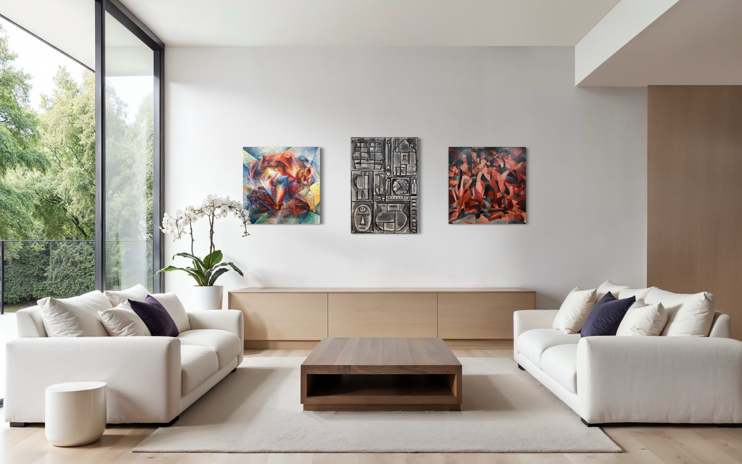 Urban Geometry – three-piece wall display on stretcher bars in a modern interior
