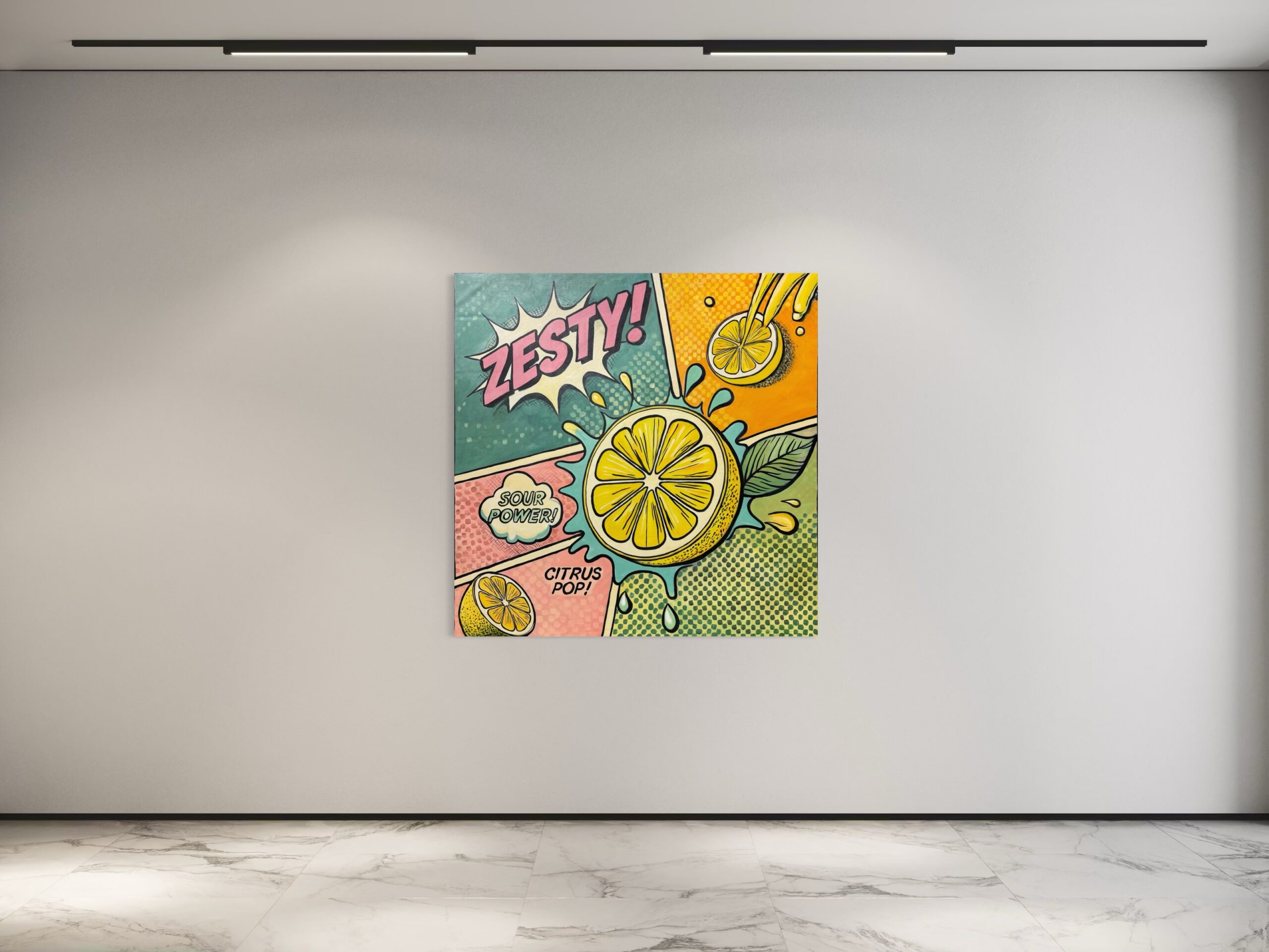 Zesty – pop art by Il Scimmia. Acrylic painting exploring the contrast between sour and sweet in soft pastel tones.