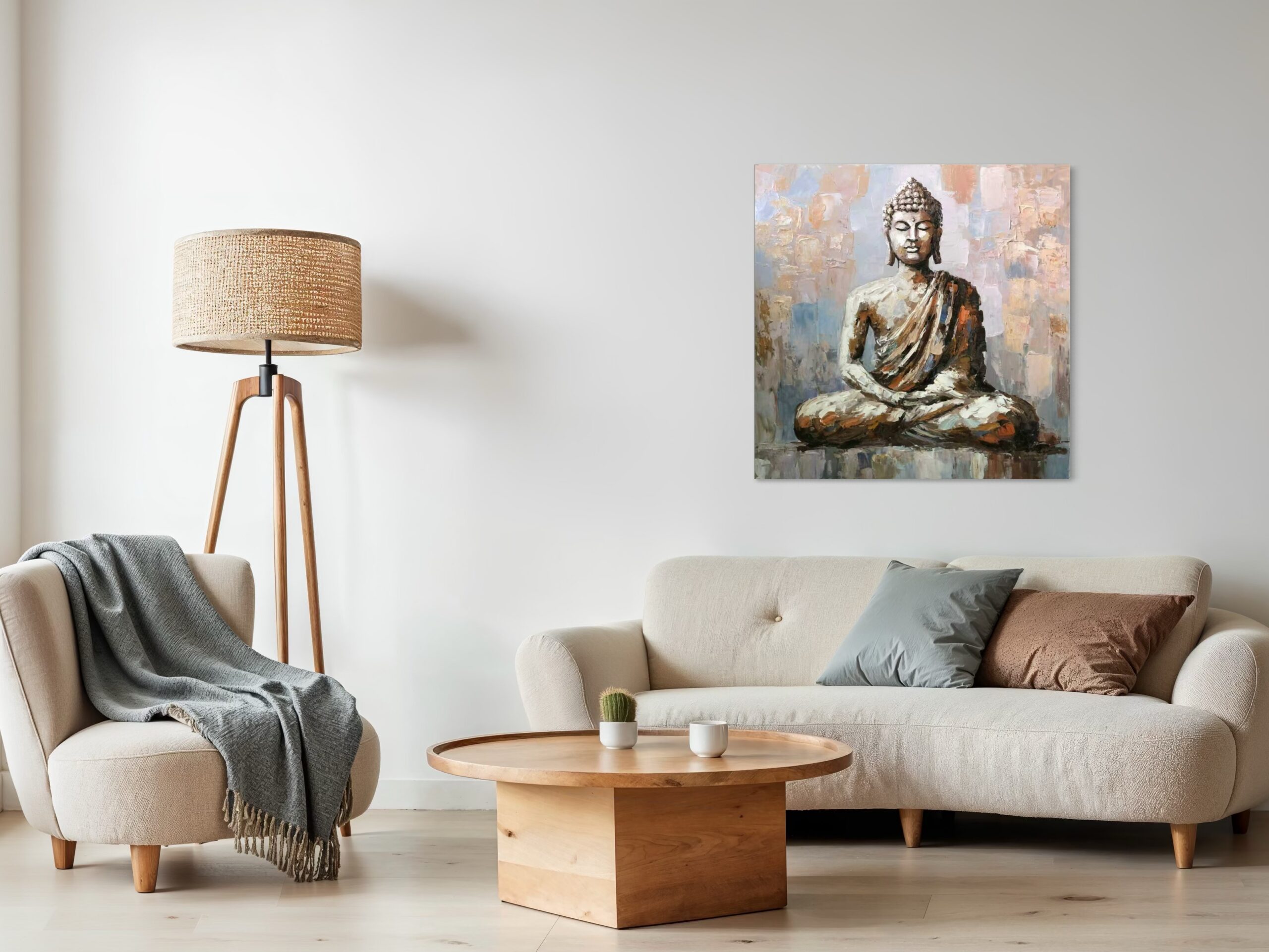 Hand-painted Buddha artwork in impasto technique – earthy tones symbolising peace, balance, and harmony.