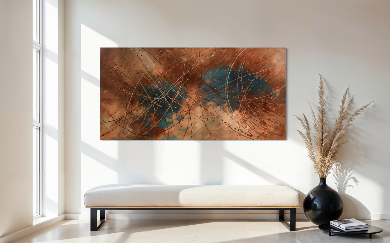 Hand-painted abstract artwork in earthy tones of terracotta, turquoise, and blue – inspired by nature’s movement and texture.