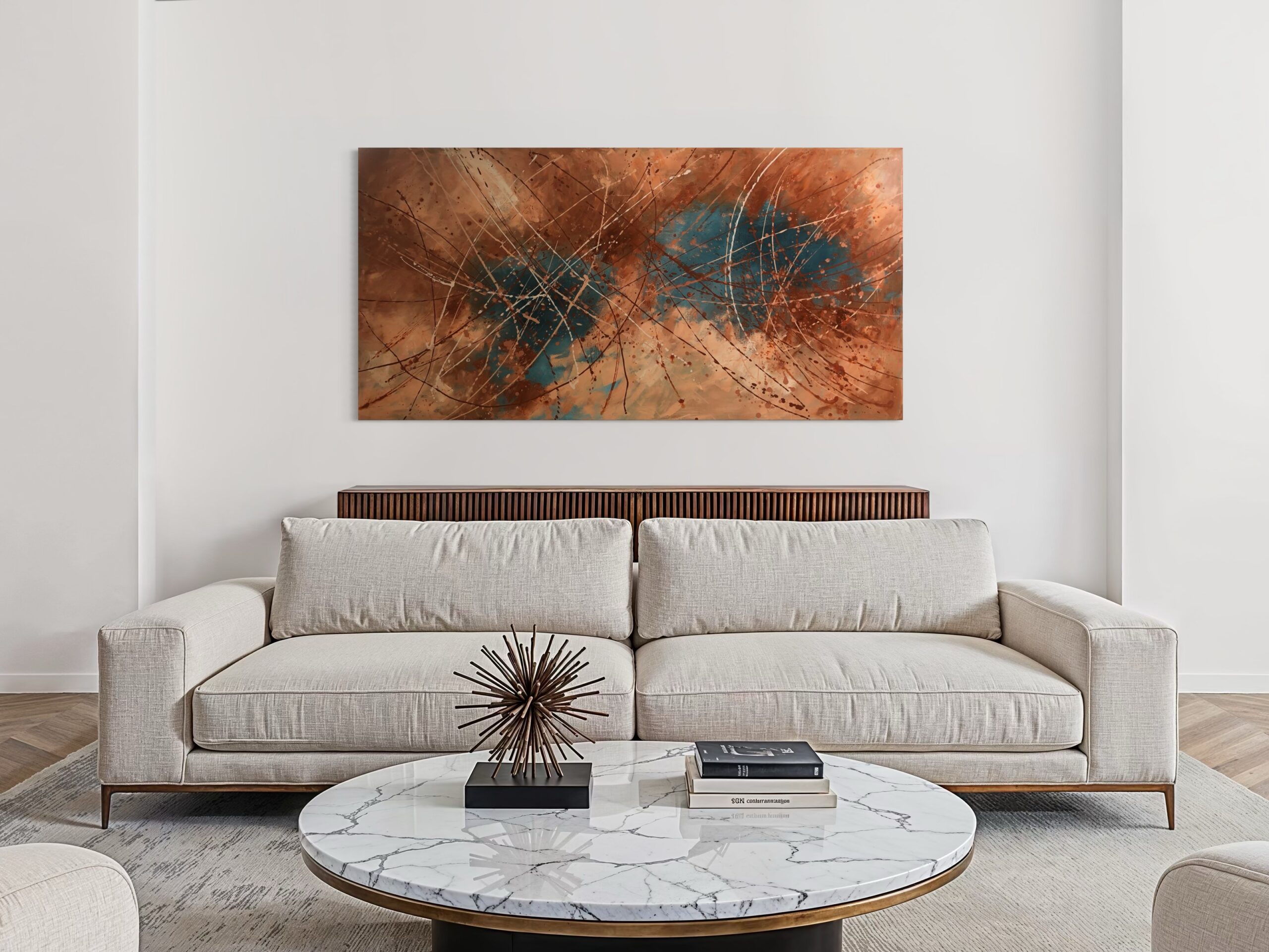 Hand-painted abstract artwork in earthy tones of terracotta, turquoise, and blue – inspired by nature’s movement and texture.