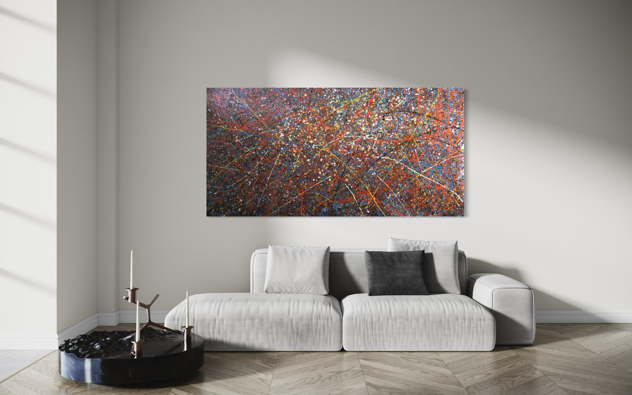 Hand-painted abstract artwork in expressive style – splashes of red, blue, yellow and white in dynamic composition inspired by action painting.