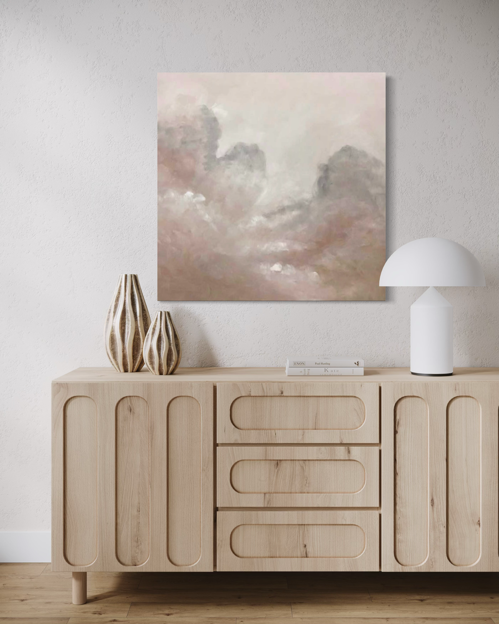 Hand-painted artwork in soft tones of rose, beige, and grey – a poetic piece evoking stillness and balance.