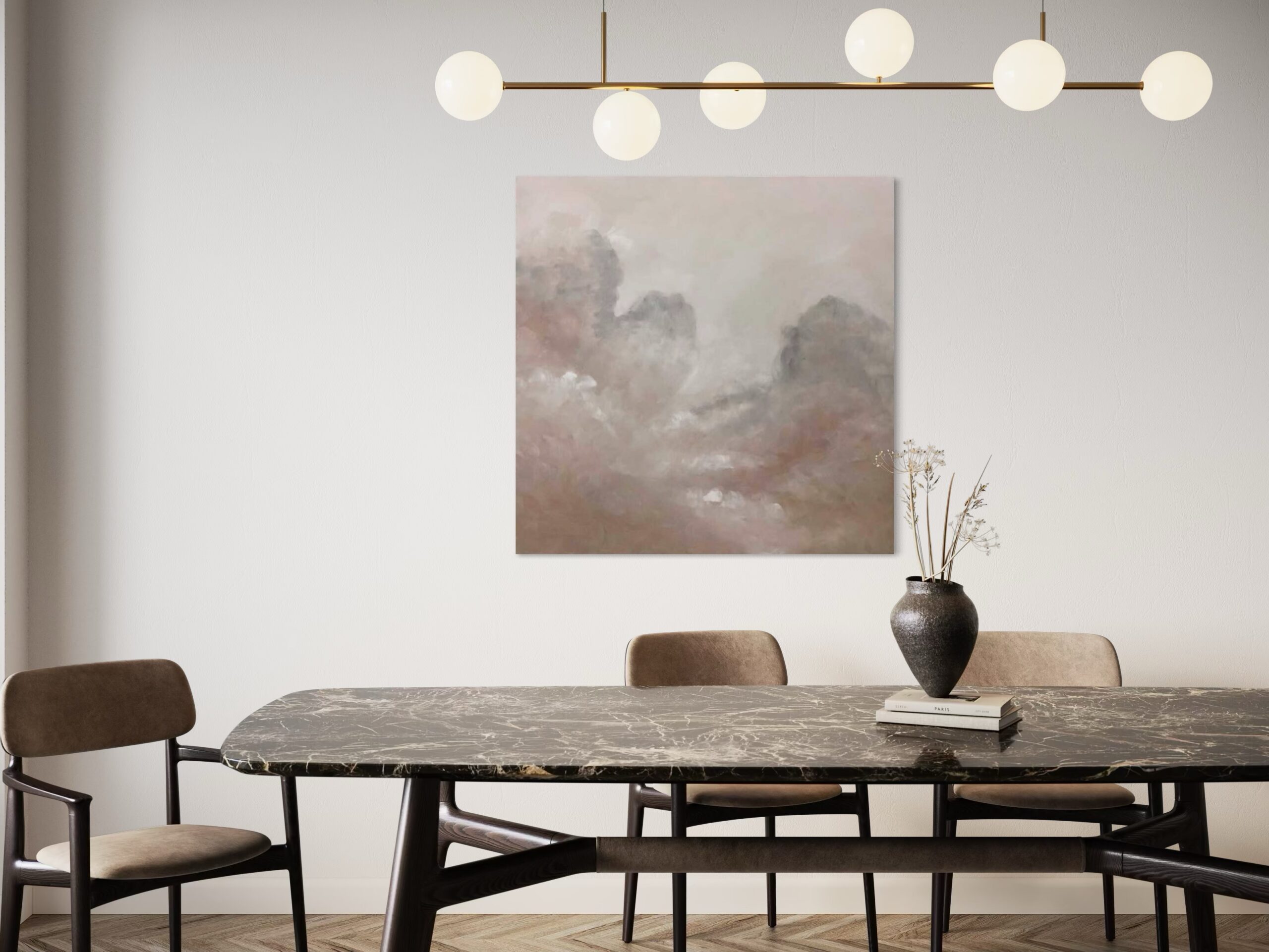 Hand-painted artwork in soft tones of rose, beige, and grey – a poetic piece evoking stillness and balance.