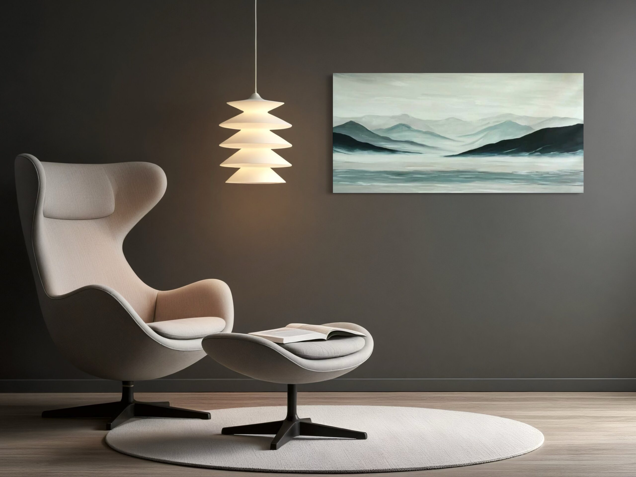 A hand-painted artwork by Michelanemo capturing Nordic nature and tranquility – soft tones of blue, grey, and white in perfect harmony.