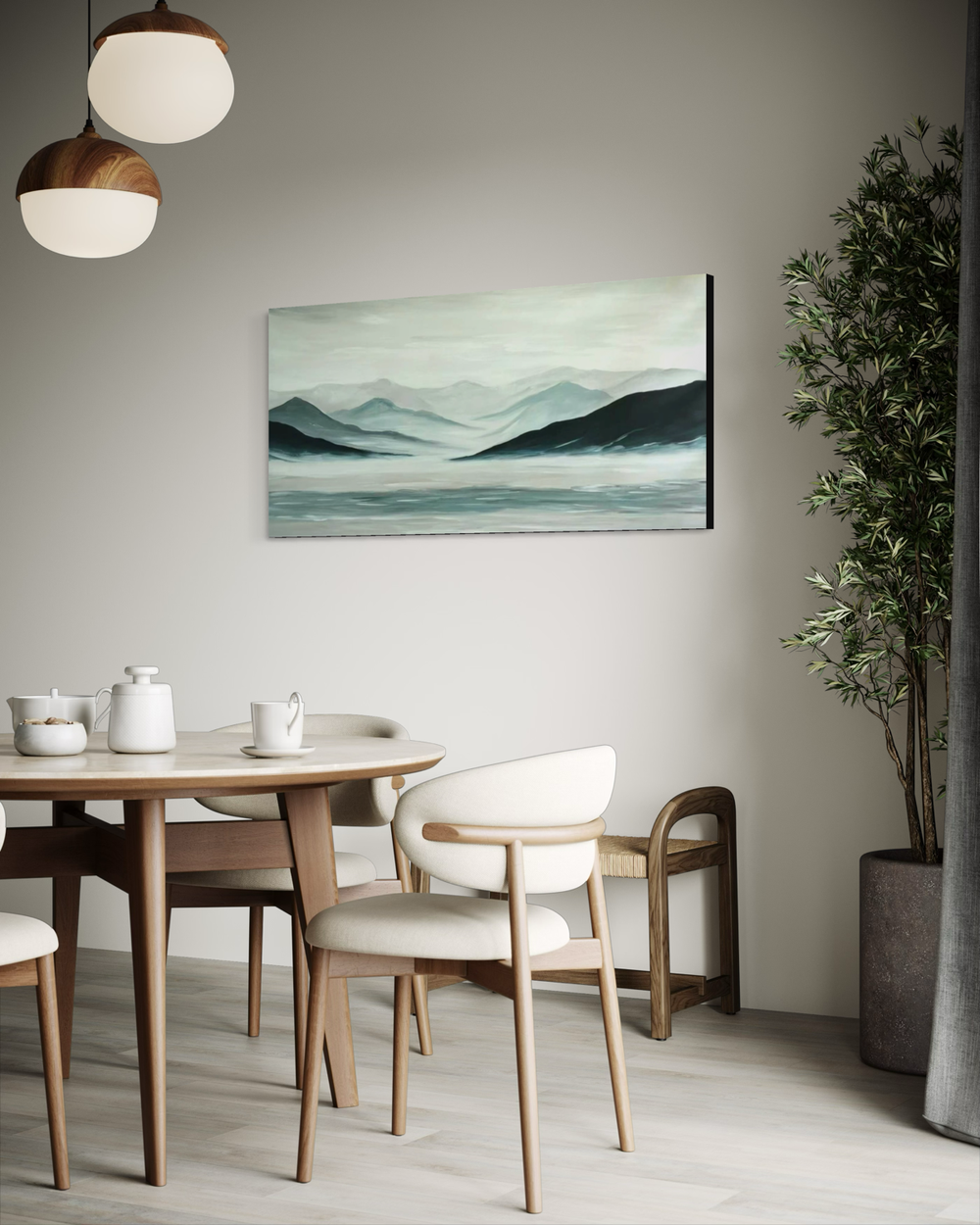 A hand-painted artwork by Michelanemo capturing Nordic nature and tranquility – soft tones of blue, grey, and white in perfect harmony.