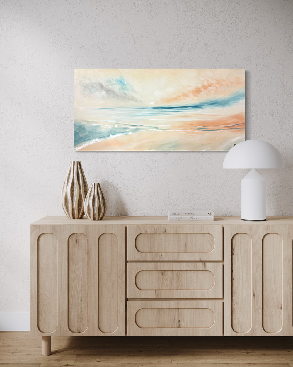 Hand-painted painting in soft shades of blue, beige and grey – a harmonious artwork capturing stillness and light by the sea.