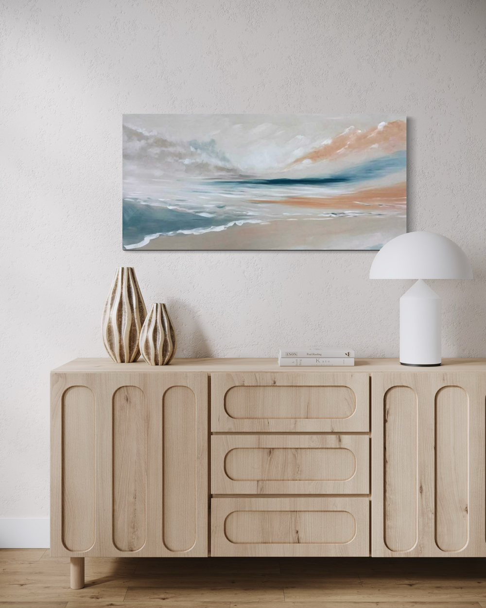 Hand-painted seascape in tones of blue, beige, and grey – a serene artwork capturing the calm and light of the sea.