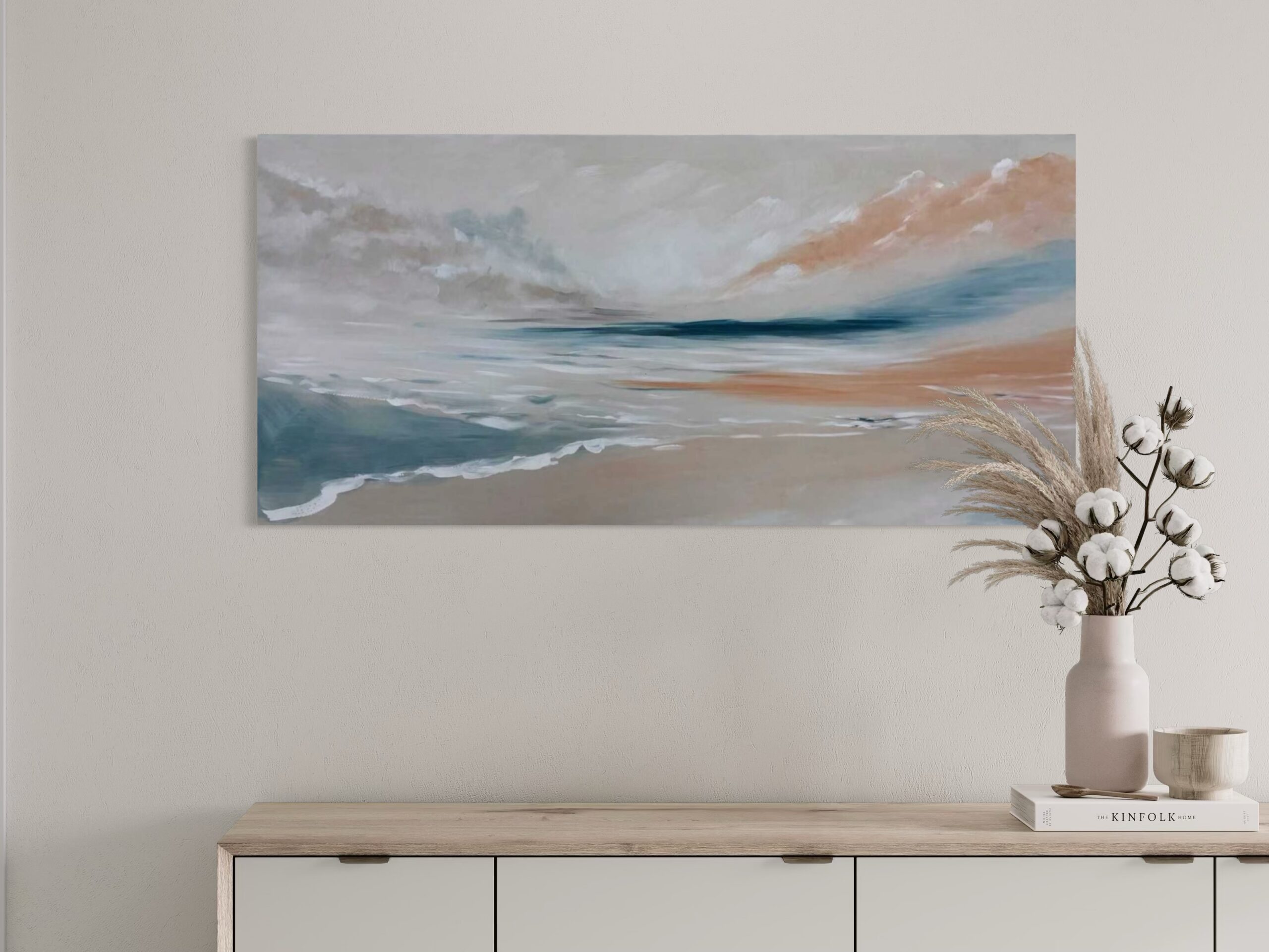 Hand-painted seascape in tones of blue, beige, and grey – a serene artwork capturing the calm and light of the sea.