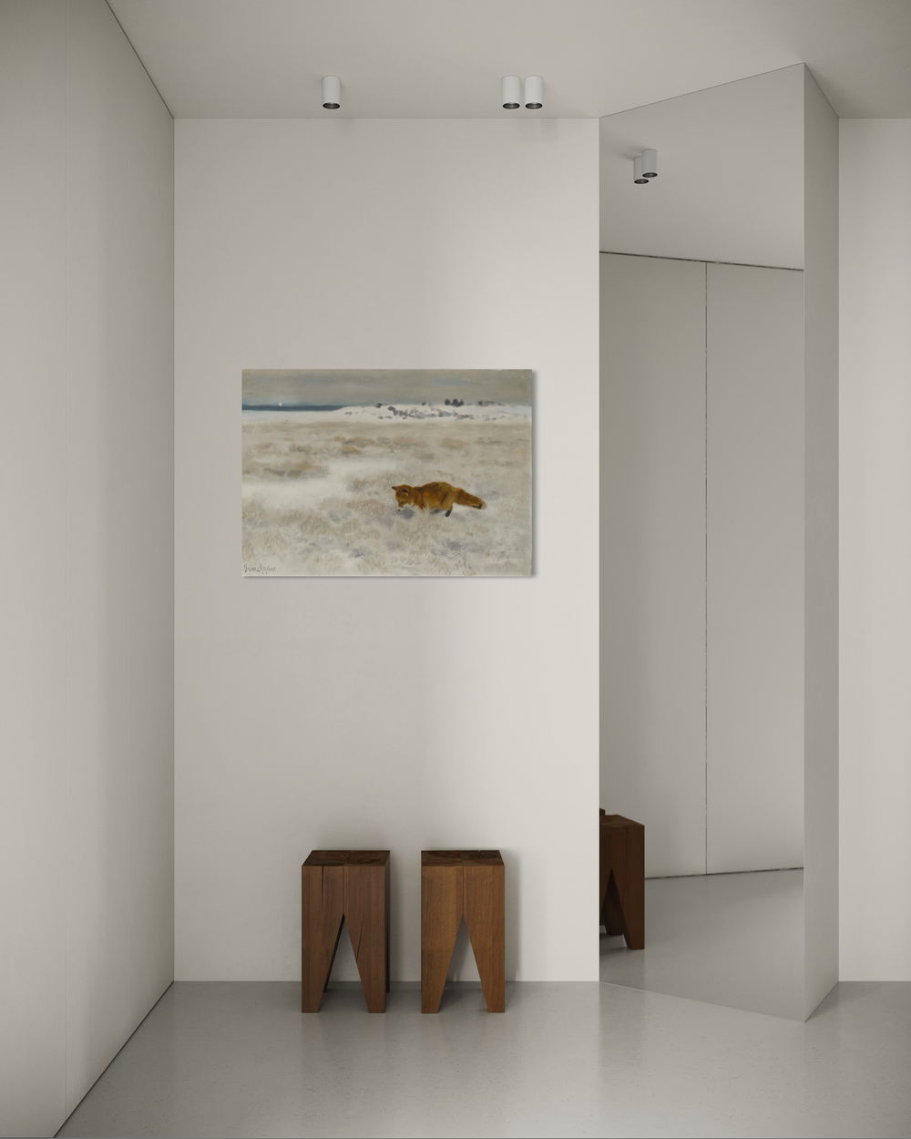 Fox on Rat Hunt canvas by Bruno Liljefors – timeless winter wildlife artwork for Scandinavian homes.